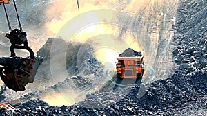 Modern technologies in the coal mining industry. Dump truck with graphic elements. The dump truck drives through the