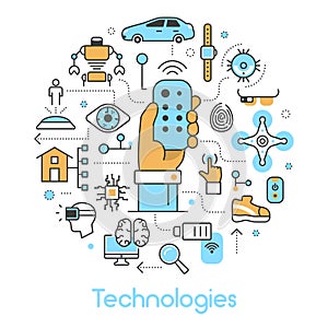 Modern Technologies Line Art Thin Icons Set with Smart House and Quadrocopter