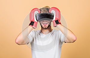 Modern technologies. man use new technology. boxing in virtual reality. Digital sport success. vr boxing. future