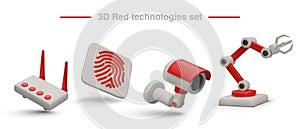 Modern technologies, set of 3D images. Router, fingerprint, camera, programmable manipulator