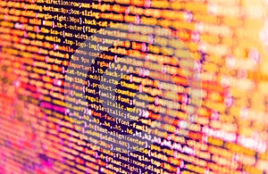Modern technologies, web cascading design. Code on dark background. Binary computer code background, abstract. Web programming and