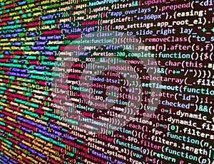 Modern technologies, web cascading design. Programmer occupation. Web developer programmer monitor screen display. Developer