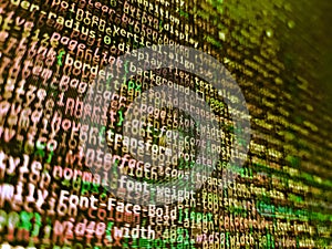 Modern technology background. IT coding on monitor screen. Technology concept hex code digital background. Code of javascript