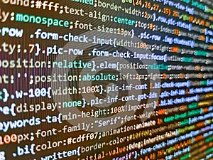 Modern technology background. Website programming code. Javascript functions, variables, objects. Information technology website