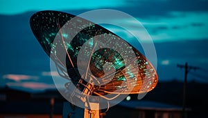 Modern technology broadcasts global communications via wireless satellite dish performance generated by AI