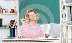 Modern technology class room. modern technology. girl Study Online in Classroom. happy student with laptop. teacher