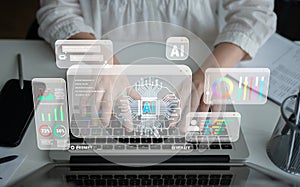 Modern Technology Concept with Artificial Intelligence Interface on Laptop, Working Professional Using AI Tools for Data