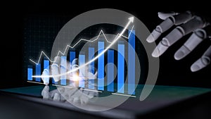 Modern Technology Concept with Robotic Hand Interacting with Growth Chart and Data Visualization on Tablet Screen in a