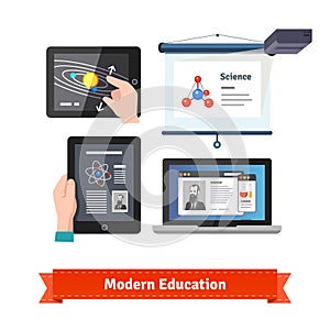 Modern technology in education flat icon set