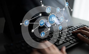 Modern Technology Interface with Icons Representing Digital Networking, Data Exchange, and User Interaction on Computer