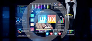 Modern Technology Interface with Search Function, Data Visualization, and User Interaction Elements on a Digital Display