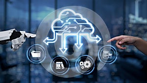 Modern Technology Interplay Between Human and Machine in Cloud Computing Concept with Data Transfer and Organization