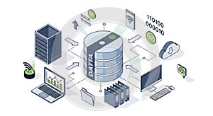 Modern technology network diagram illustrating cloud computing data servers and devices
