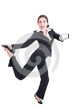 Modern technology sales woman acting excited, enthusiastic, chee