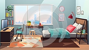 Modern teenager room interior with comfortable bed and beautiful pictures. generative ai