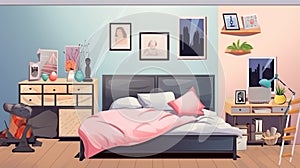 Modern teenager room interior with comfortable bed and stylish design elements. generative ai