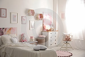 Modern teenager`s room interior with comfortable bed