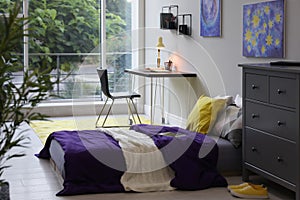 Modern teenager`s room with comfortable bed, workplace and stylish design elements