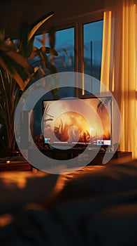 Modern television screen displaying sunset scenery in a cozy living room