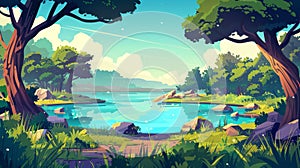 Modern template with separated layers of wild scenery, nature, and a turquoise pond in a summer forest cartoon landscape