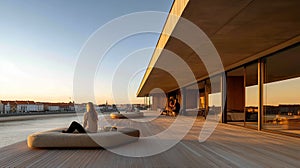 Modern terrace overlooking river at sunset