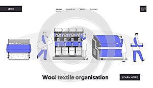 Modern Textile Factory Website Landing Page. Automated Machine Producing Yarn. Manufacturing of Wool Fibers