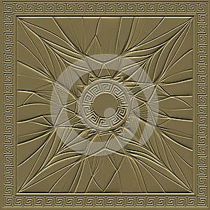 Modern textured gold 3d seamless pattern with greek square frame. Embossed ornamental fractal background. Round greek meander