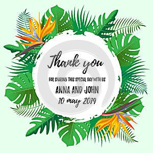 Modern Thank you wedding invitation card with tropical exotic flower frame background, floral elements label. Vector design