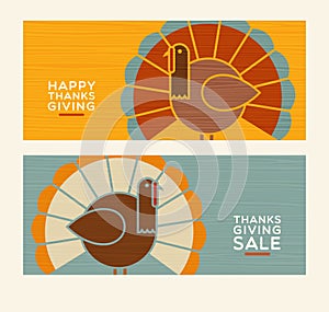 Modern Thanksgiving banner set. Abstract turkeys and text designs.