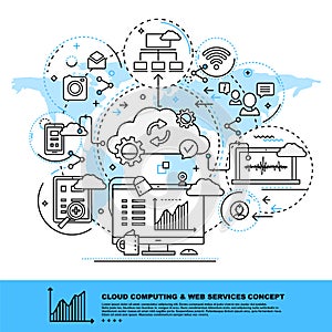 Modern Thin Contour Line Design Concept of Cloud Computing and W