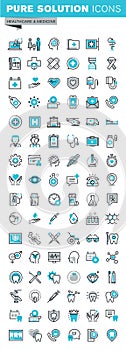 Modern thin line flat design icons set of medical supplies, healthcare diagnosis and treatment