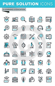 Modern thin line flat design icons set of online education