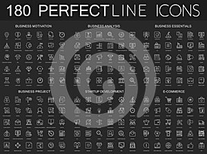 180 modern thin line icons on dark black background set. Business motivation, analysis, business essentials, business