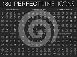 180 modern thin line icons on dark black background set. Digital marketing, human productivity, network technology