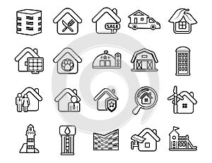 Modern thin line icons set. Construction works site building tools. Outline symbol collection. Stroke vector logo concept for web