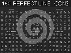 180 modern thin line icons set on dark black background. School, stationery, education, online learning, brain process