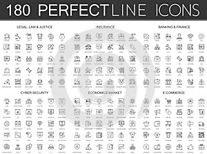 180 modern thin line icons set of legal, law and justice, insurance, banking finance, cyber security, economics market photo
