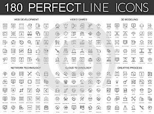 180 modern thin line icons set of web development, video games, 3d modeling, network technology, cloud data technology