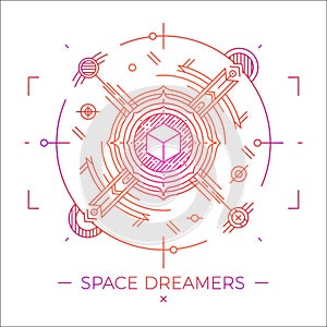 Modern thin line space dreamers illustration. Outline cosmic symbol. Simple mono linear abstract design. Stroke vector photo