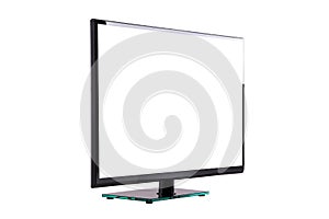 Modern thin plasma LCD TV on a black glass stand isolated on a w