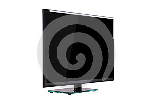 Modern thin plasma LCD TV on a black glass stand isolated on a w