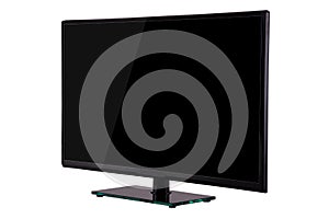 Modern thin plasma LCD TV on a black glass stand isolated on a w