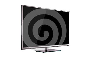 Modern thin plasma LCD TV on a silver black glass stand isolated