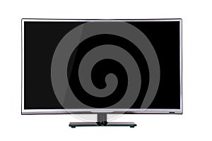 Modern thin plasma LCD TV on a silver black glass stand isolated