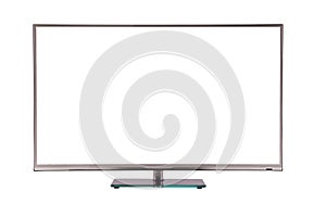 Modern thin plasma LCD TV on a silver black glass stand isolated