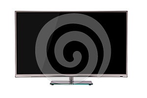 Modern thin plasma LCD TV on a silver black glass stand isolated