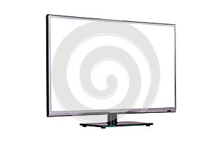 Modern thin plasma LCD TV on a silver black glass stand isolated