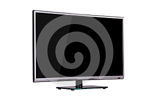 Modern thin plasma LCD TV on a silver black glass stand isolated