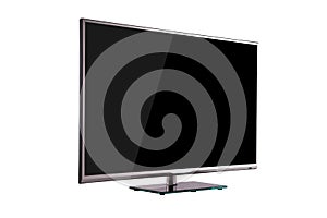 Modern thin plasma LCD TV on a silver black glass stand isolated photo