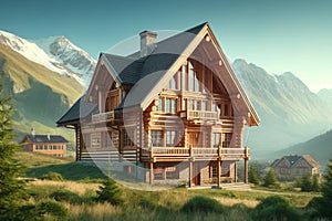 Modern three-story wooden cottage at the foot of the mountains on a sunny day